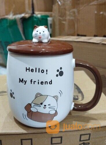 Gelas Cangkir Cat Lucu Tutup Sendok Keramik Cup Bowl Ala Japanese Unik