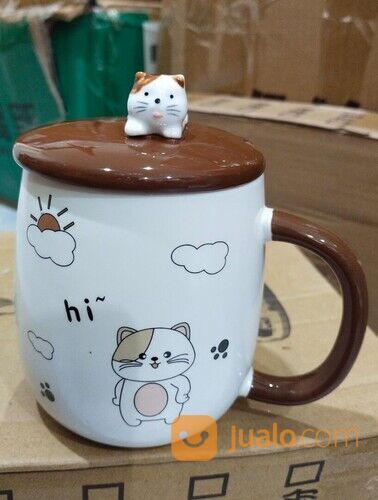 Gelas Cangkir Cat Lucu Tutup Sendok Keramik Cup Bowl Ala Japanese Unik