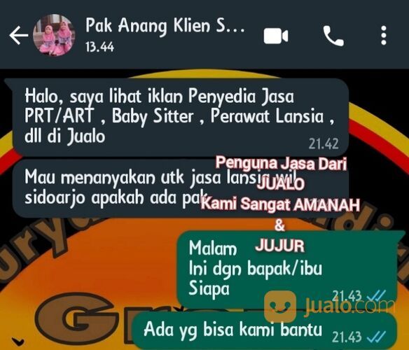 Penyedia Jasa PRT/ART , Baby Sitter . Perawat Lansia , dll