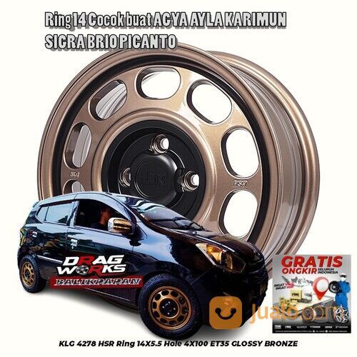 Velg Mobil Racing Ring 14 Pelek HSR R14 Lebar 55 Lubang 4 Pcd 100 Silver