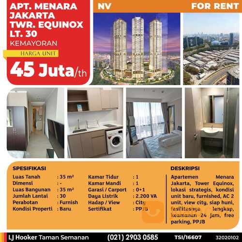 (TSI/16607) Apartemen Menara Jakarta, Tower Equinox, Kemayoran, 35 m², Lt. 30, PPJB