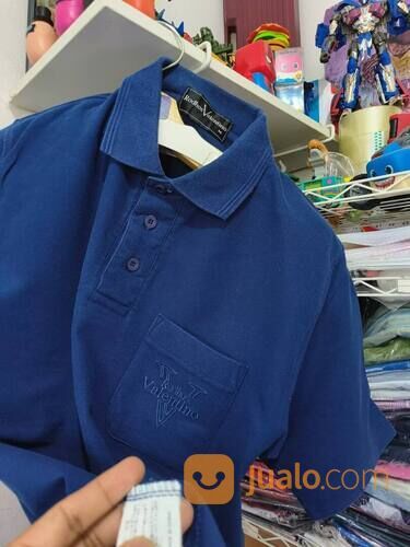 Kaos Polo Rodhos Valentino Biru Navy Big Logo Kantong