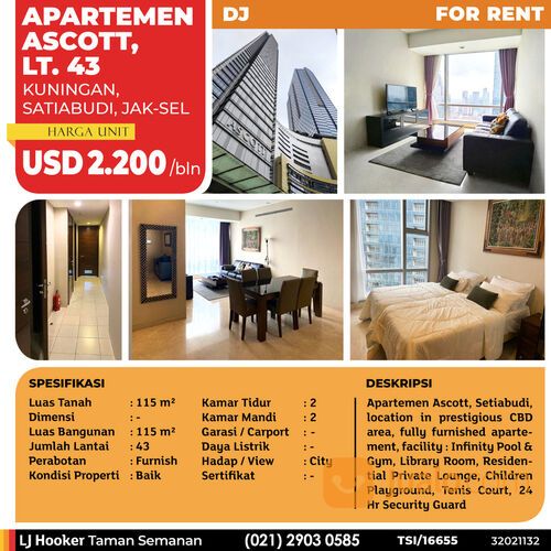 (TSI/16655) Apartemen Ascott, Setiabudi, 115 m², Lt. 43