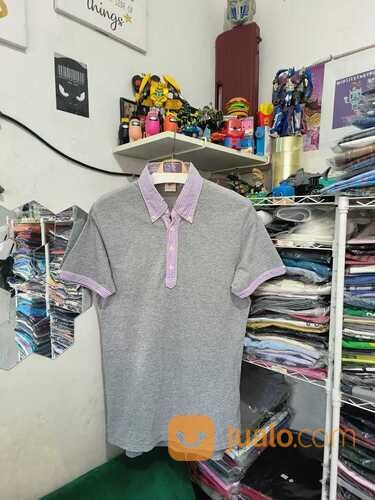 Kaos Polo Uniqlo x Michael Bastian Abu Abu Kerah Pink Garis Garis