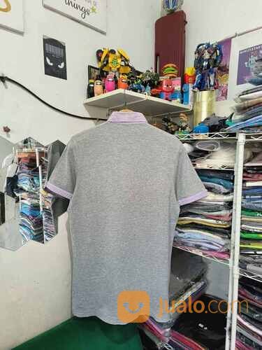 Kaos Polo Uniqlo x Michael Bastian Abu Abu Kerah Pink Garis Garis