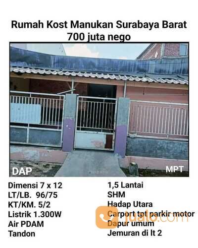 Rumah Kost Manukan Surabaya Barat 700 Juta Nego SHM Ada Parkir Motor