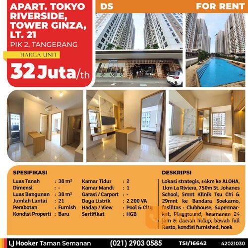 (TSI/16642) Apartemen Tokyo Riverside, Tower Ginza, PIK 2, 38 m², Lt. 21, HGB