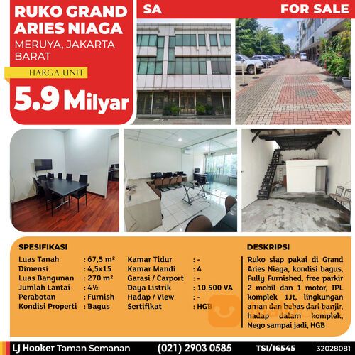 Turun Harga, Nego Sampai Jadi!! Ruko Grand Aries Niaga, Meruya, 4.5x15 m², 4½ Lt, HGB (TSI/16545)