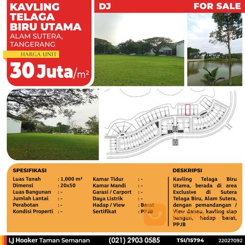 Kavling Telaga Biru Utama, Alam Sutera, Serpong, 20x50 m², PPJB (TSI/15794)