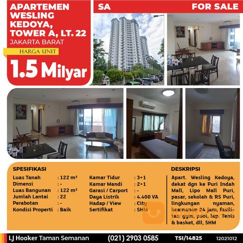 Apartemen Wesling Kedoya, Tower A, Jakarta Barat, 122 m², Lt. 22, SHM (TSI/14825)