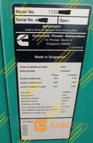 Genset 1250 kVA Cummins Onan Second