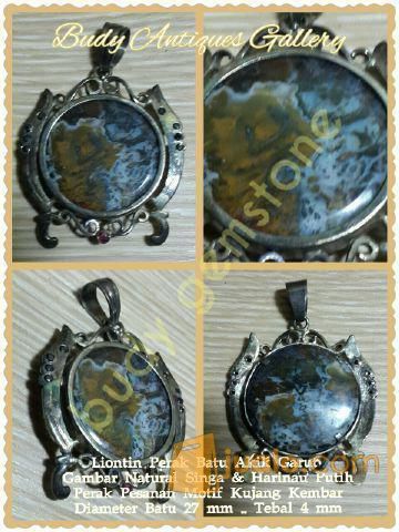 Liontin Batu Garut Pancawarnat Gambar Anak Singa Dan Harimau Putih Ikatan Perak Motif Kujang Kembar Pesanan