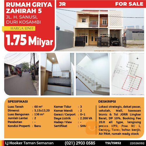 Rumah Griya Zahirah 5, Duri Kosambi, 5.15x13.20 m², 2 Lt, SHM (TSI/15852)