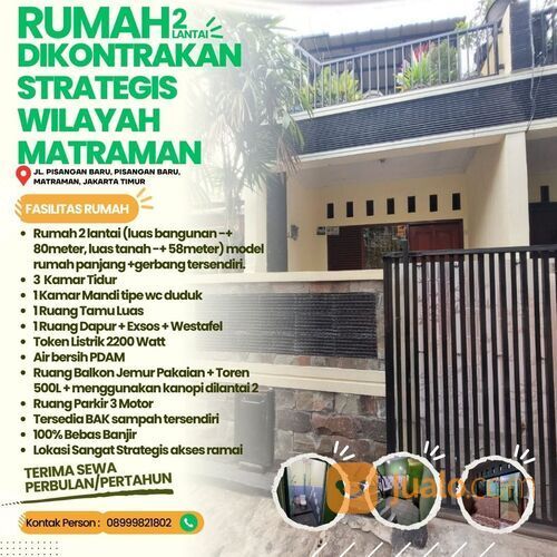Rumah harga terjangkau dikontrakan lantai 2 Wilayah Pisangan Baru Matraman Jakarta Timur