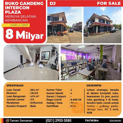 Ruko Gandeng Intercon Plaza Kembangan! Cocok untuk Kantor dan Gudang, 304m (TSI/16384)