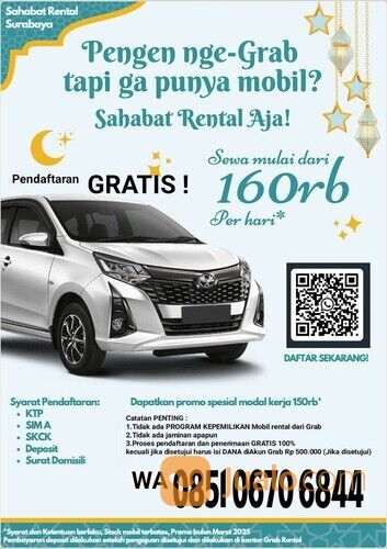 DICARI SOPIR SEBAGAI MITRA KERJA SAHABAT RENTAL GRAB SURABAYA