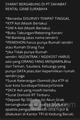DICARI SOPIR SEBAGAI MITRA KERJA SAHABAT RENTAL GRAB SURABAYA