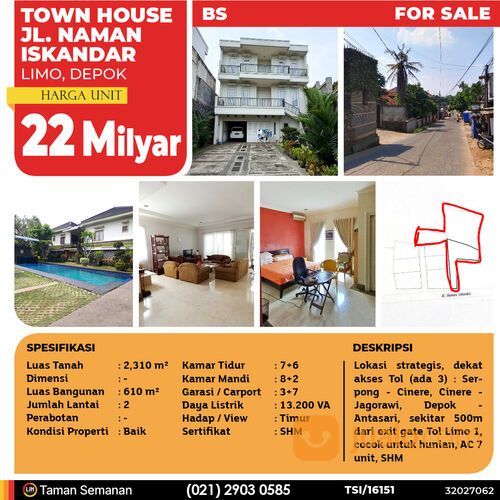 Townhouse Mewah 2.310 m² SHM di Limo Depok – Lokasi Strategis, Dekat 3 Akses Tol (TSI/16151)