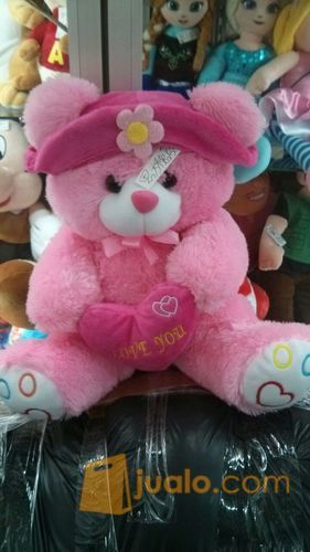 Boneka teddy Bear with pink love and hat (topi) 13" inchi kurleb 32cm