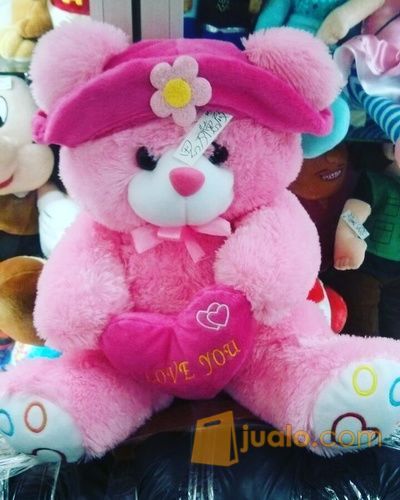 Boneka teddy Bear with pink love and hat (topi) 13" inchi kurleb 32cm
