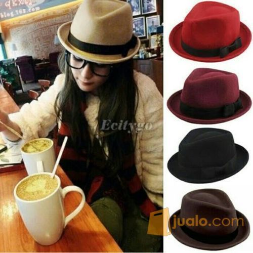 topi fedora jazz tompi pria cowo wanita cewe beludru hitam merah marun